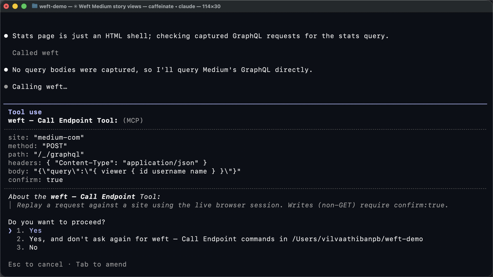 Claude Code asking for approval before a POST to Medium's GraphQL API with confirm: true