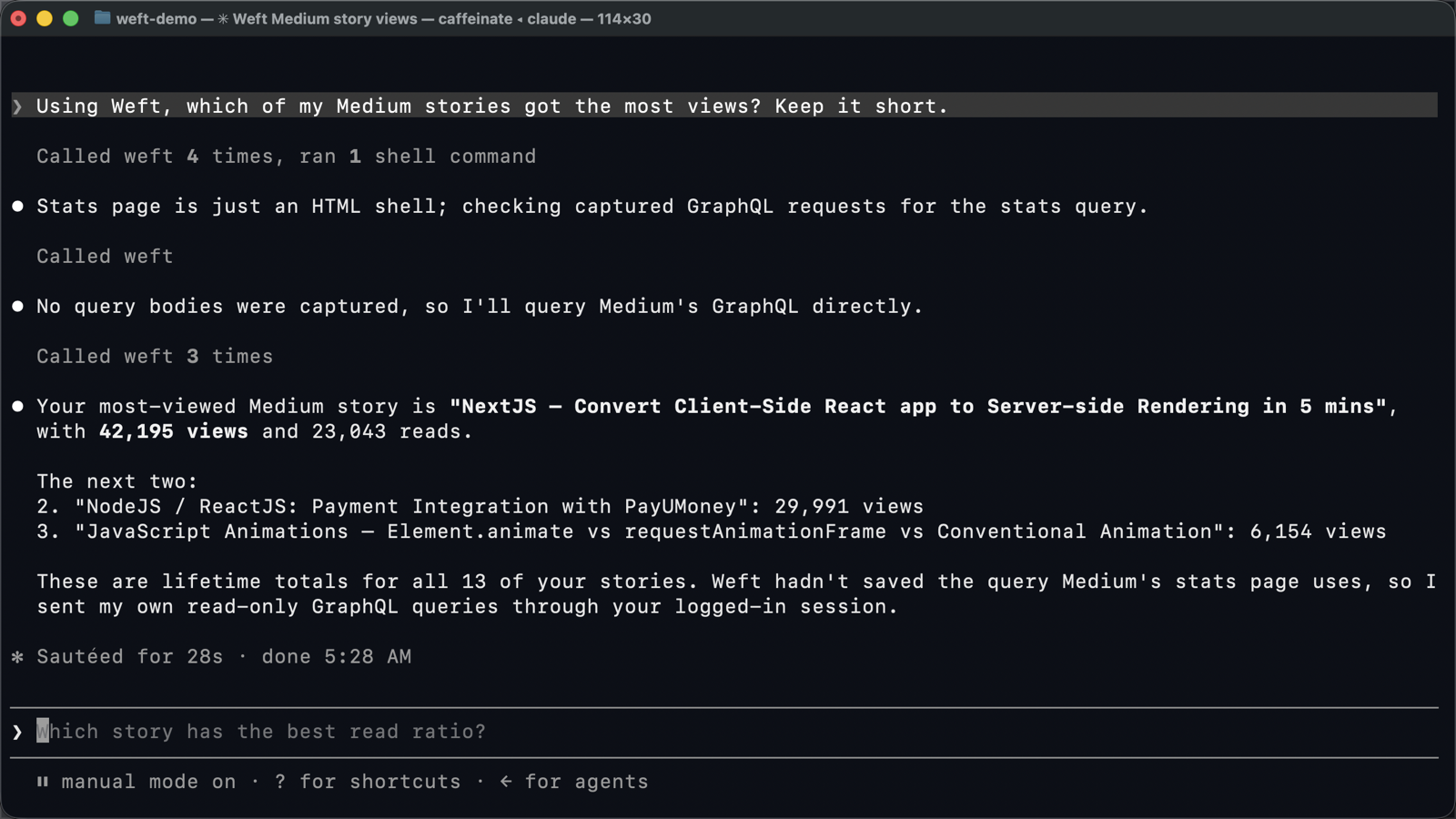 Claude Code answering a question about Medium post stats using Weft