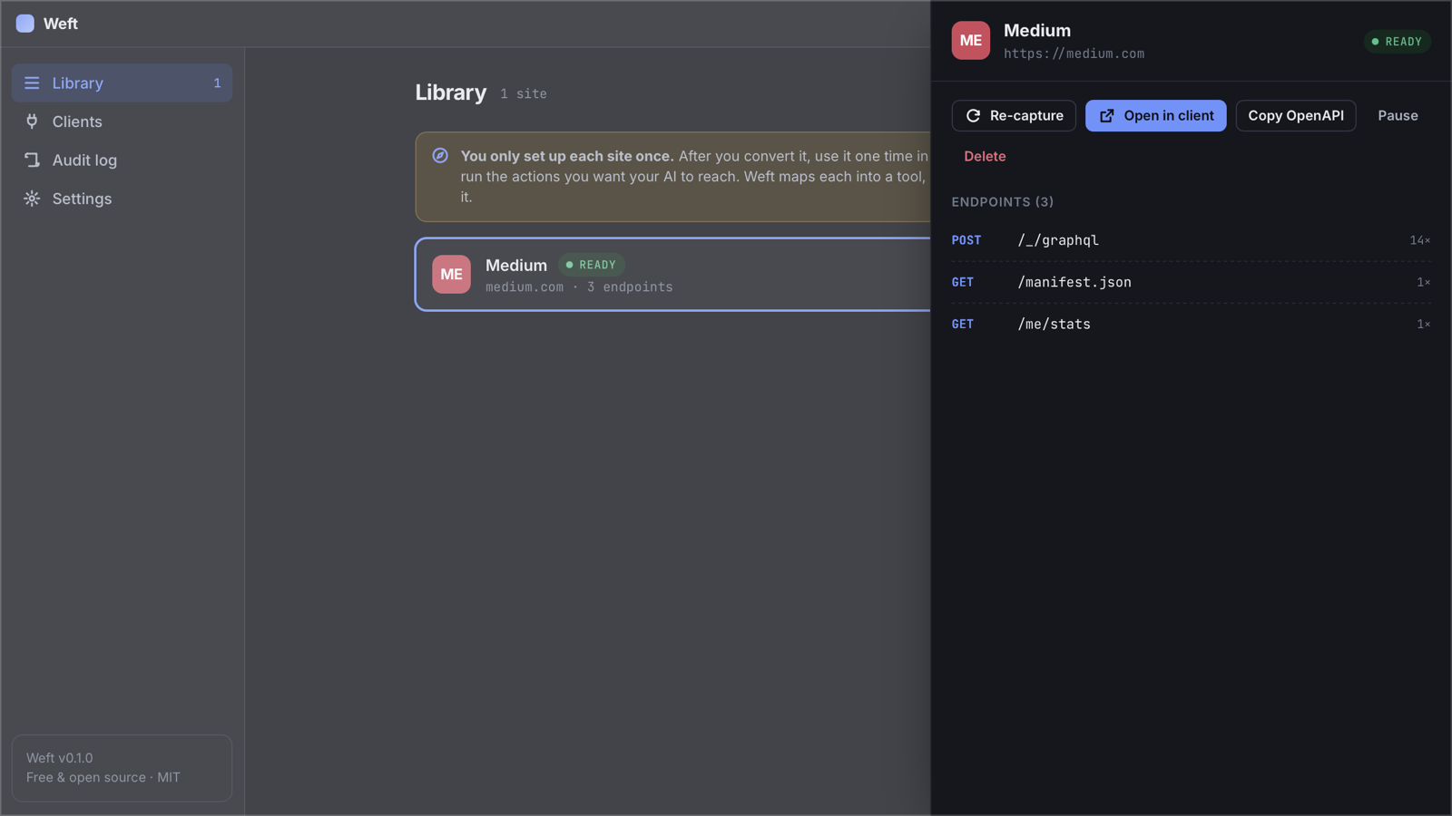The Medium site detail in Weft, listing the endpoints it learned