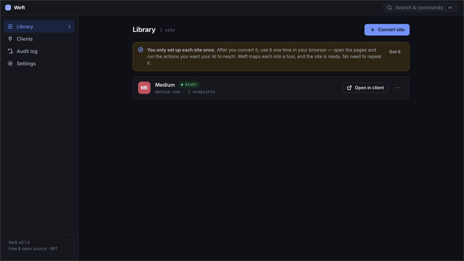 The Weft desktop app showing Medium converted and ready