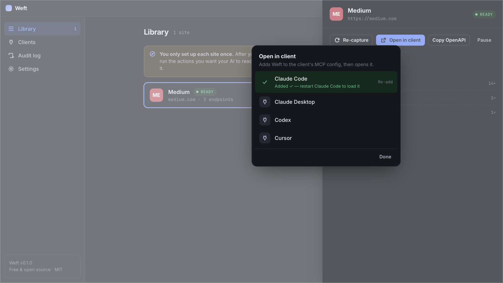 The Open in client picker in Weft listing Claude Code, Claude Desktop, Codex and Cursor